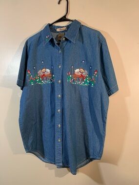 Denim Embroidered Short-Sleeve Button-Down Shirt - Blue Vintage nwt cats wagon